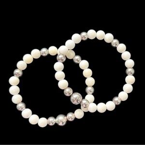 Set of 2 Milor Italy .925 Sterling Silver White Agate Beaded Bracelets